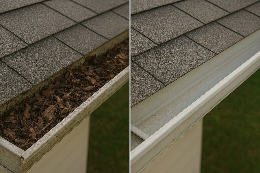 Cleared gutter, before and after cleaning